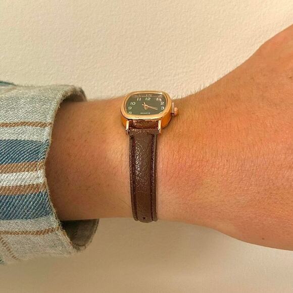 Y2K Rose Gold Brown Leather Quartz Watch with Black Dial Unisex 8.5" New - Picture 4 of 5